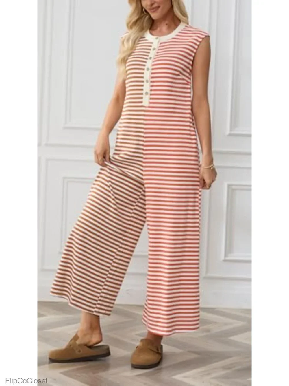 Wide Leg Striped Jumpsuit for Women Sleeveless Button Romper Flowy